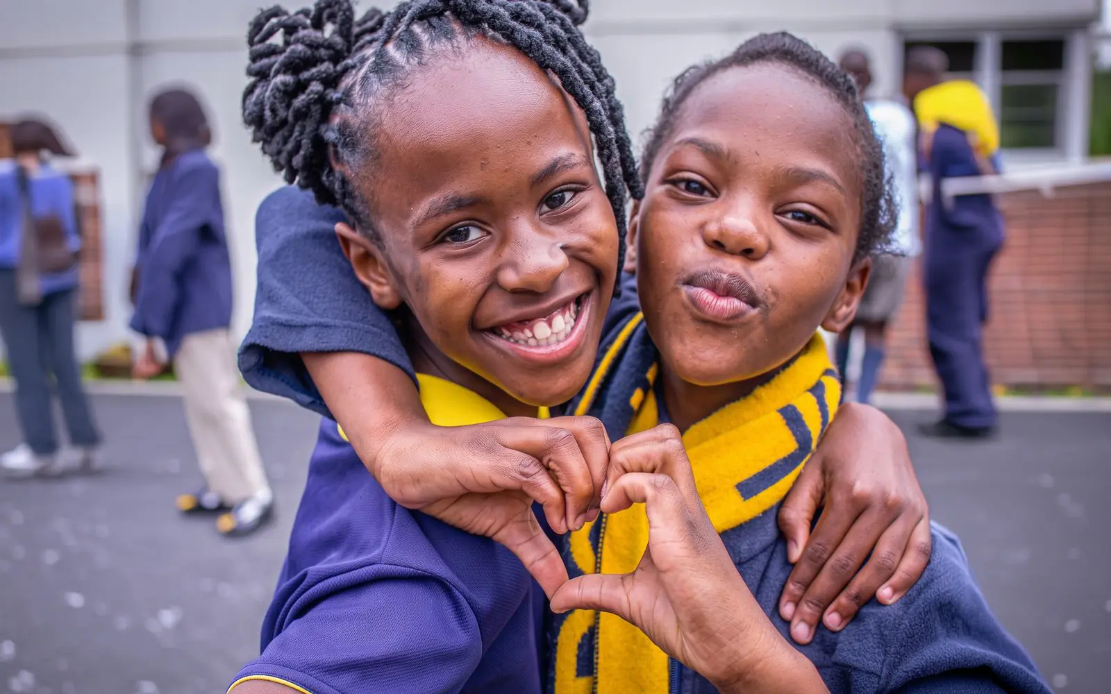 Two smiling South African schoolgirls in uniform making a heart symbol with their hands, representing the Power of Potential in Raise for a Child education initiatives.